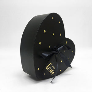 Floral Black Heart Shape Box with Ribbon Opens From Middle Nested Heart