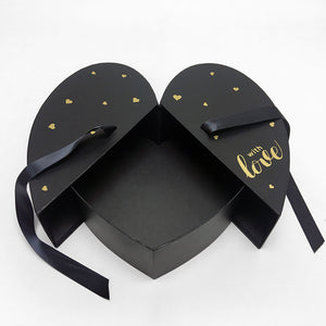 Floral Black Heart Shape Box with Ribbon Opens From Middle Nested Heart