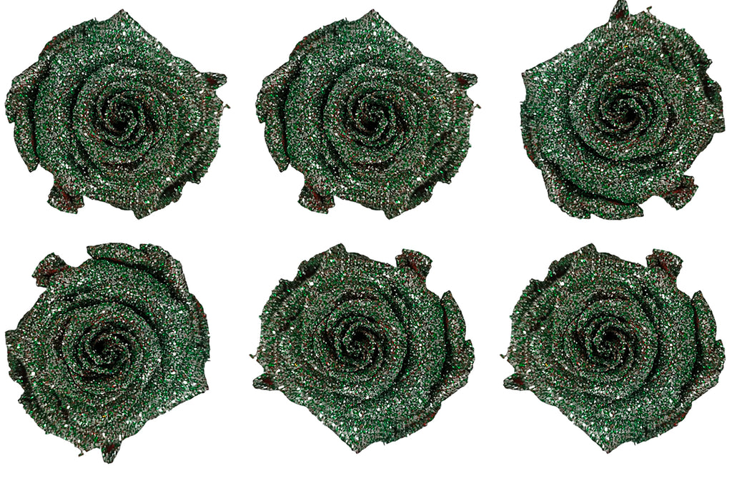 Medium: Glitter Green Preserved Rose * Box of 6 Preserved Rose Heads