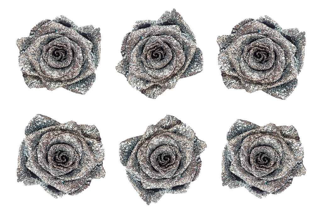 Medium: Silver Glitter Preserved Rose * Box of 6 Preserved Rose Heads