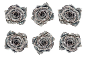 Medium: Silver Glitter Preserved Rose * Box of 6 Preserved Rose Heads
